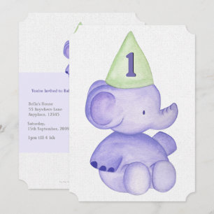 Baby Boy Purple Elephant 1st Birthday Party Invite