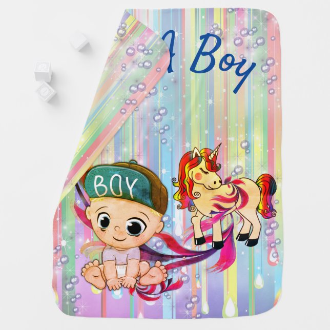 Baby Boy Rainbow Bubbles & Unicorns Baby Blanket (In Situ)