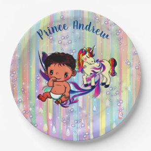 Baby Boy rainbow Bubbles & Unicorns Baby Shower Paper Plates