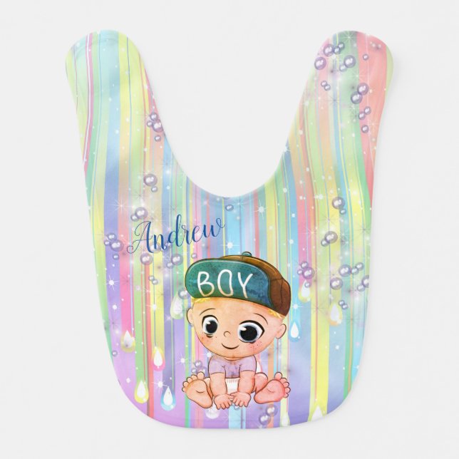Baby Boy Rainbow Bubbles  & Unicorns Bib (Front)