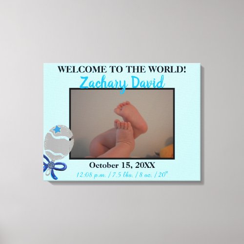Baby Boy Rattle Birth Stats 24 x 18 Upload PHOTO Canvas Print