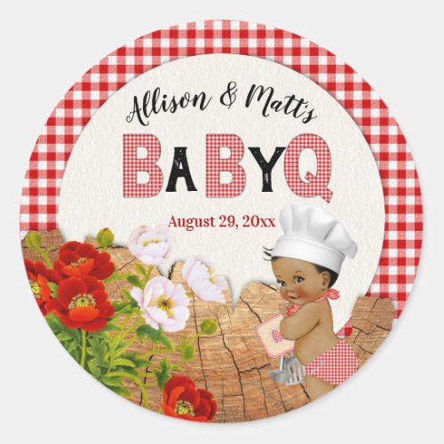 Baby Boy Red Gingham Wood Floral Baby Q BBQ Classic Round Sticker