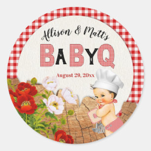 Baby Boy Red Gingham Wood Floral Baby Q BBQ Classic Round Sticker