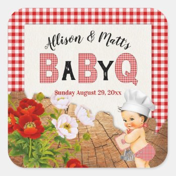 Baby Boy Red Gingham Wood Floral Baby Q Bbq Square Sticker by nawnibelles at Zazzle