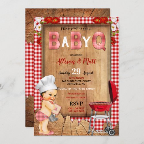 Baby Boy Red Gingham Wood Flowers Baby Q Barbecue Invitation