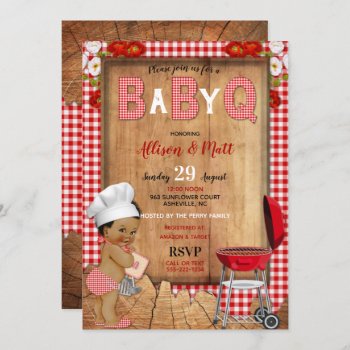 Baby Boy Red Gingham Wood Flowers Baby Q Barbecue Invitation by nawnibelles at Zazzle