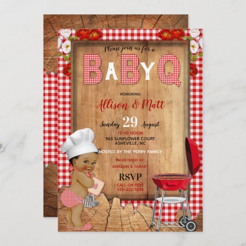 Baby Boy Red Gingham Wood Flowers Baby Q Barbecue Invitation