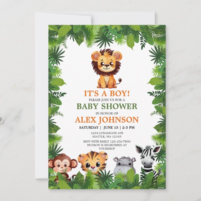 Baby Boy Safari Animals Lion Cub Baby Shower Invitation (Front)