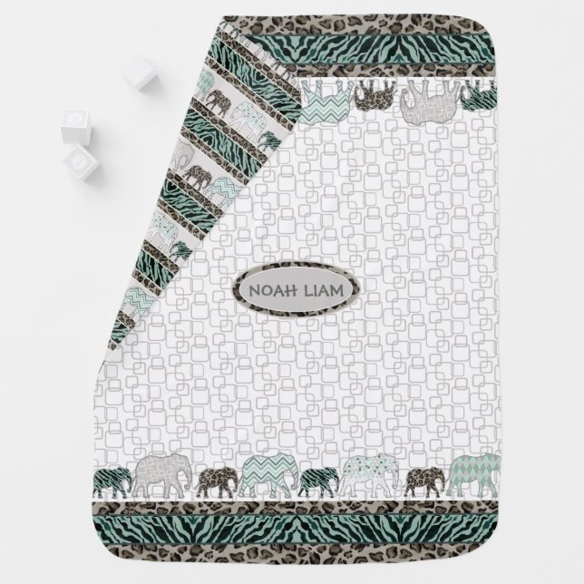 Baby Boy Safari Elephants Retro Modern Nursery Receiving Blanket (In Situ)