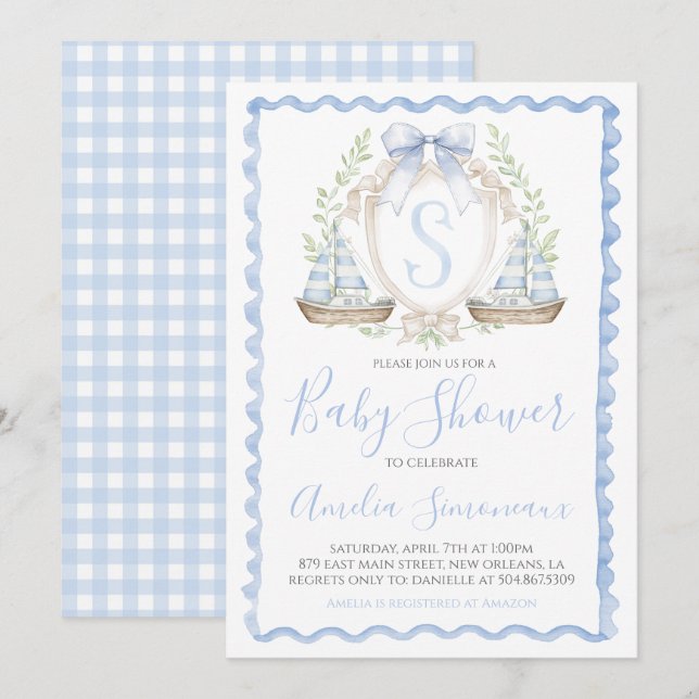 Baby Boy Sailboat Shower Preppy Nautical Blue Invitation (Front/Back)