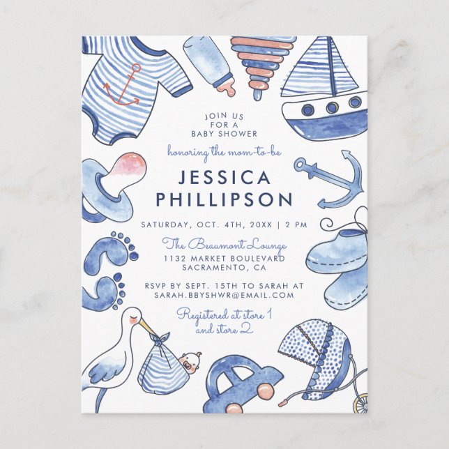 Baby Boy Sailor | Cute Blue Nautical Baby Shower Invitation Postcard (Front)