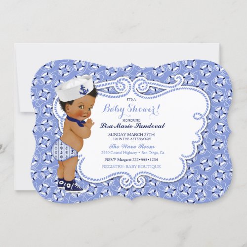 Baby Boy Sailor Nautical Theme Blue  White Invitation