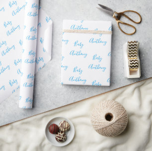Baby Boy Script Blue Shower Personalized Name Wrapping Paper