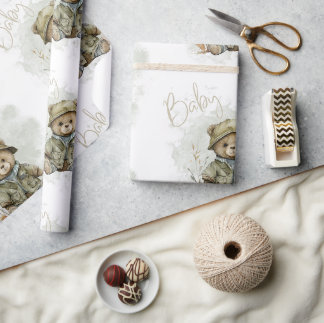 Baby Boy Script Hunter Teddy Bear Baby Shower Wrapping Paper