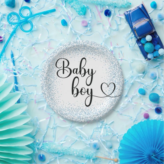 Baby boy script light blue glitter Paper Plate (Party)