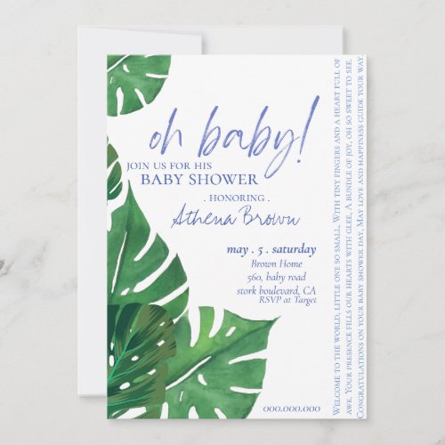 Baby Boy Script Quote Tropical Floral Baby Shower Invitation