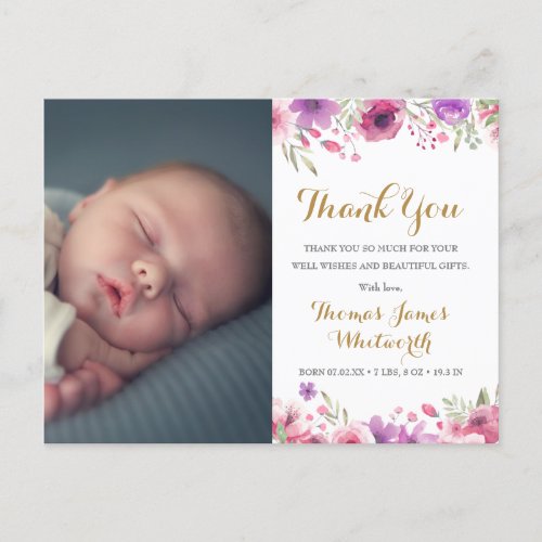 Baby Boy Script Thank You Photo Floral Birth Annou Announcement Postcard