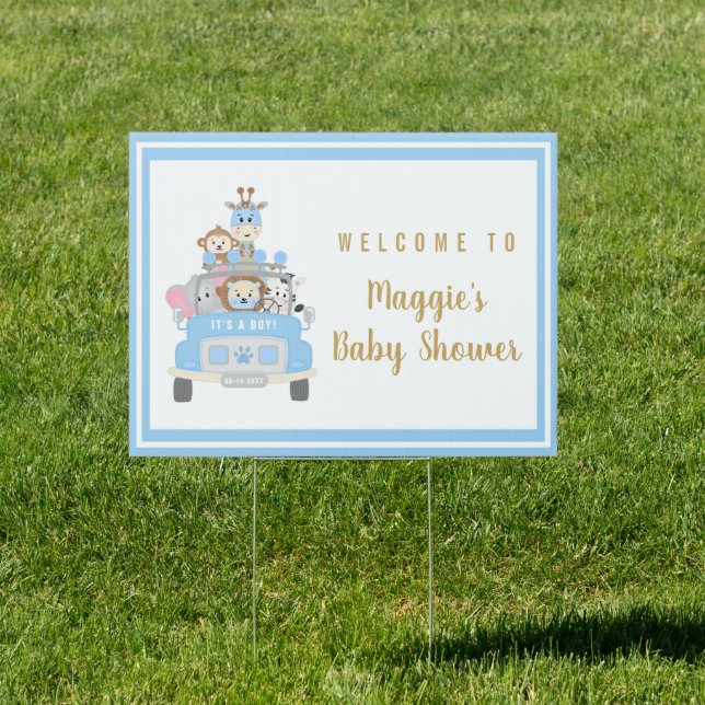 Baby Boy Shower Animal Safari Blue Welcome Sign (Insitu)