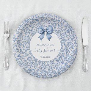 Baby Boy Shower Blue and White Floral Pattern Bow Paper Plates