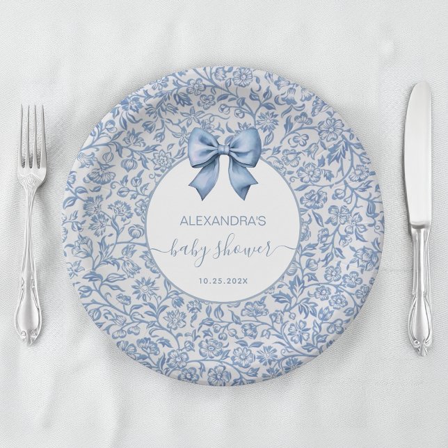 Baby Boy Shower Blue and White Floral Pattern Bow Paper Plates (Creator Uploaded)