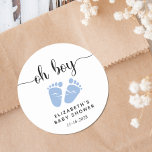 Baby Boy Shower Blue Feet Classic Round Sticker<br><div class="desc">Cute stickers for your baby boy shower favors and correspondence featuring "oh boy" in a pretty script with swashes and a pastel blue watercolor of baby feet. Underneath you can easily personalize with your name and shower date.</div>