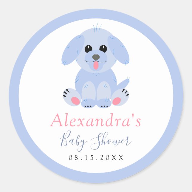Baby Boy Shower Blue Puppy Personalized Classic Round Sticker (Front)