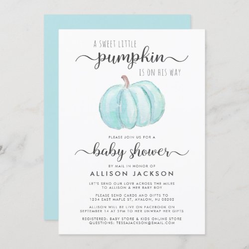 Baby Boy Shower By Mail Pumpkin Blue Watercolor Invitation