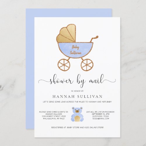 Baby Boy Shower by Mail Retro Carriage Blue Gold Invitation