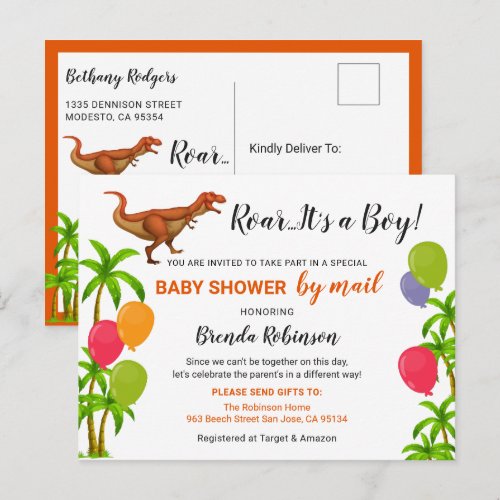 Baby Boy Shower By Mail Roar Jungle Dinosaur Postcard