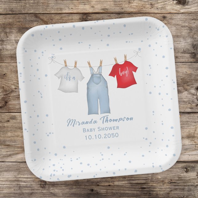 Baby Boy Shower Cute Clothesline Template Paper Plates (Creator Uploaded)