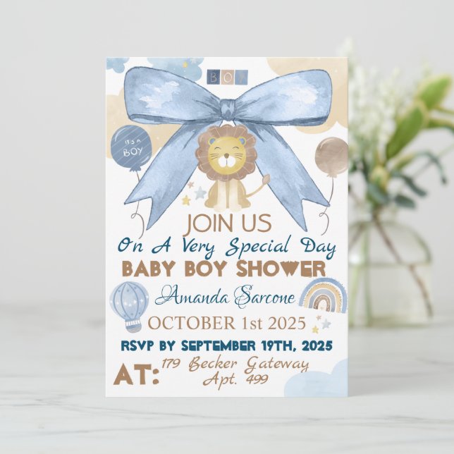 Baby Boy Shower Cute Lion Invitation (Standing Front)