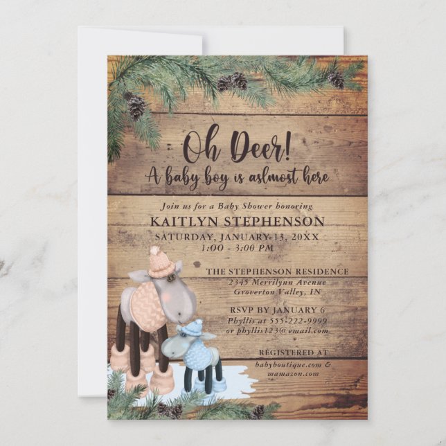 Baby Boy Shower Cute Rustic Winter Deer Invitation (Front)