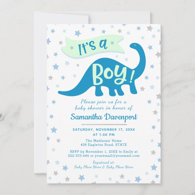 Baby Boy Shower Dinosaur Blue Theme It's A Boy Invitation (Front)