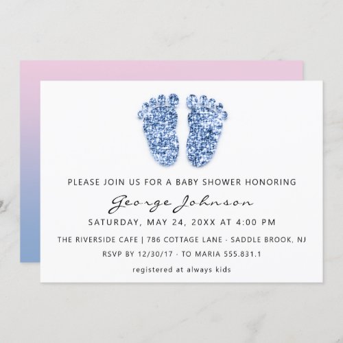 Baby Boy Shower Feet Glitter Blue White Pink Ombre Invitation