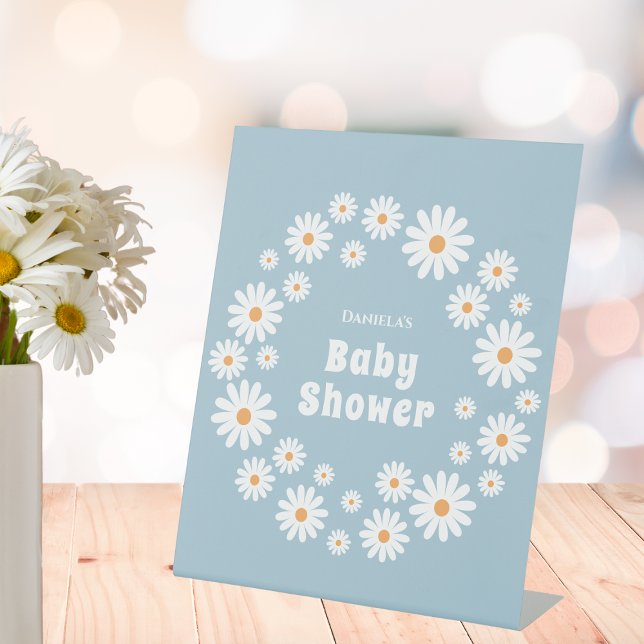 Baby Boy Shower Flower Power Daisy Wreath Blue Pedestal Sign (daisy retro baby boy shower sign flower power daisies blue baby shower supplies)