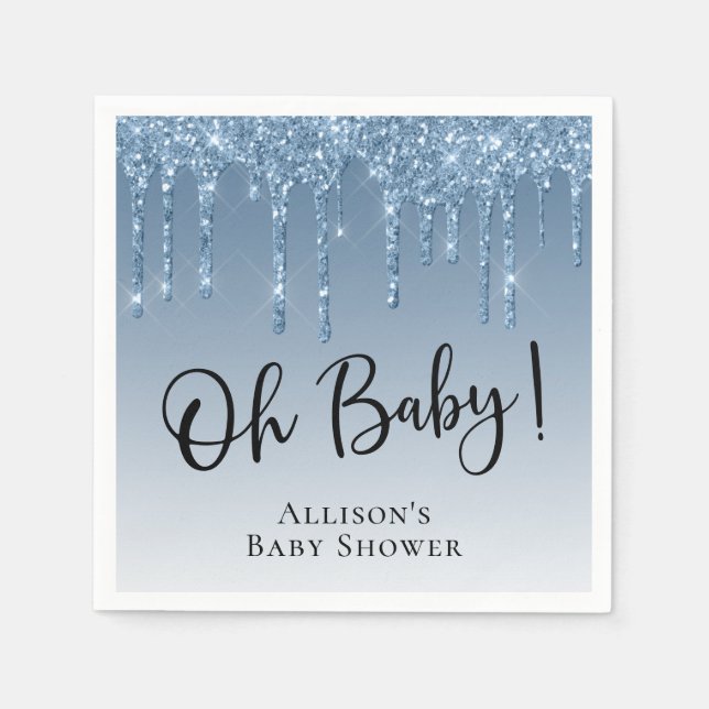Baby Boy Shower Glitter Blue Personalized Napkins (Front)