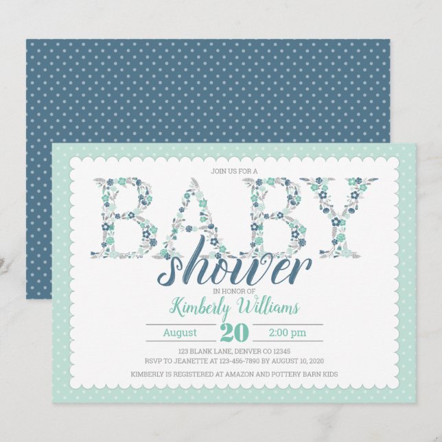 baby boy shower invitation floral mint green navy (Front/Back)