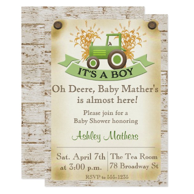 Baby Boy Shower Invitation - Green Tractor