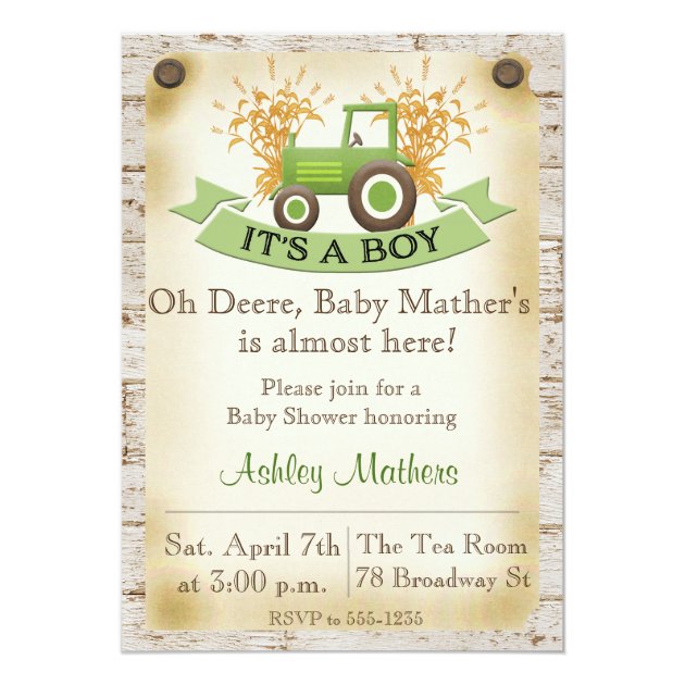 Baby Boy Shower Invitation - Green Tractor