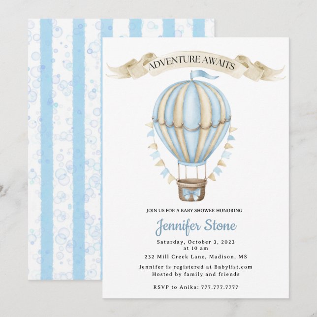 Baby Boy Shower Invitation - Hot Air Balloon (Front/Back)