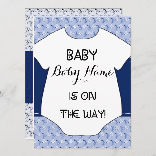 Baby Boy Shower Invitation Stork Bodysuit Blue (Front/Back)