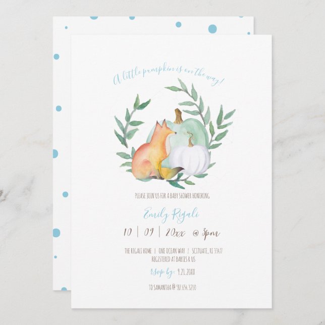 Baby Boy Shower Invitations Blue Watercolor Fox  (Front/Back)
