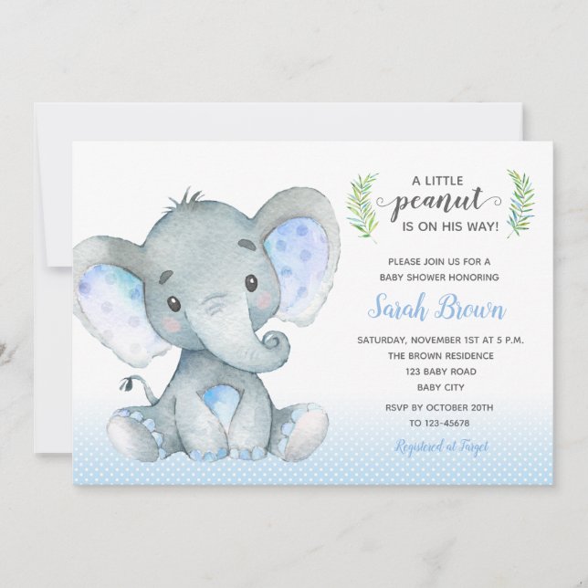 Baby Boy Shower Invitations (Elephant Polka Dot) (Front)