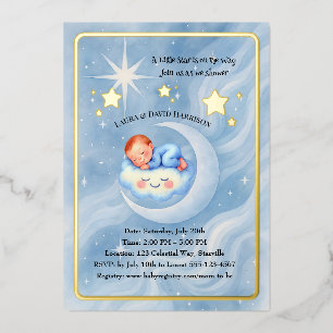 Baby Boy Shower Invite Moonlight Stars Watercolor