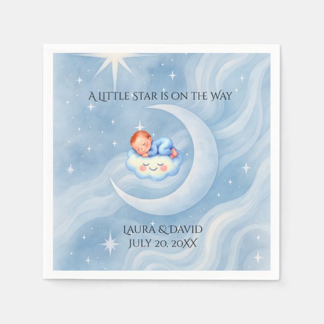 Baby Boy Shower Invite Moonlight Stars Watercolor Napkins (Front)