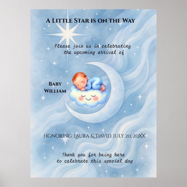 Baby Boy Shower Invite Moonlight Stars Watercolor Poster (Front)