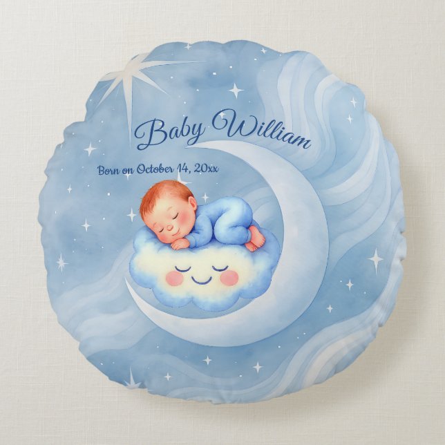 Baby Boy Shower Invite Moonlight Stars Watercolor Round Pillow (Front)