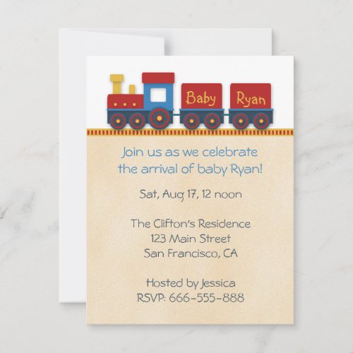 Baby Boy Shower Invite Yellow Red  Blue Train Invitation