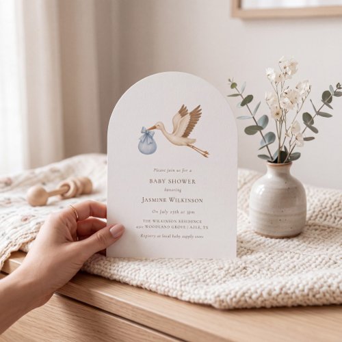 Baby boy shower minimal watercolor stork invitation