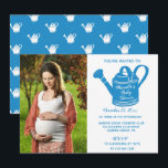 Baby Boy Shower Photo Watering Can Invitation<br><div class="desc">Show off the mom-to-be's pregnancy photo show photograph with this baby shower invitation. It's ready to be customized with your photo and all of your party details. Features an illustration of a gardening watering can in bright blue. The reverse side has a coordinating pattern of white watering cans against a...</div>
